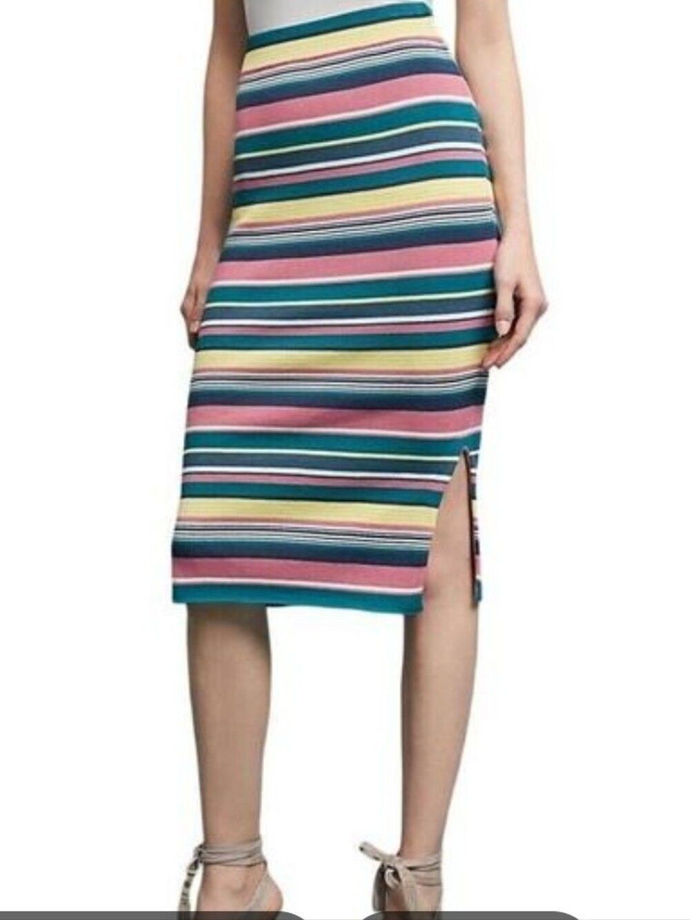 Maeve Lana Striped Midi Pencil Skirt in Pink, Teal, Navy & Yellow Size Medium